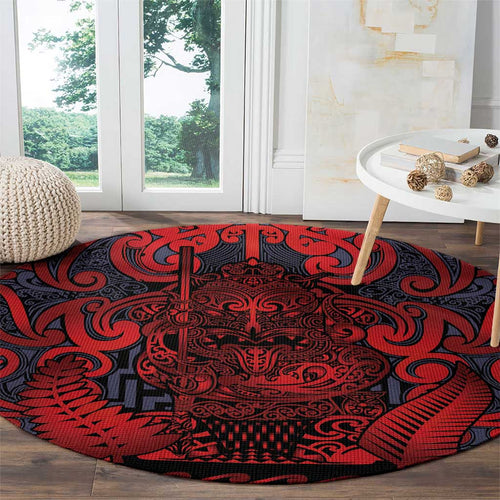 New Zealand Taiaha Maori Round Carpet Whero Minimalist Silver Fern Tukutuku Motif
