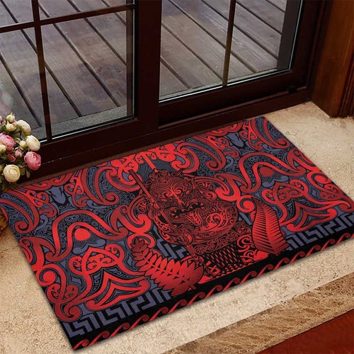 New Zealand Taiaha Maori Rubber Doormat Whero Minimalist Silver Fern Tukutuku Motif