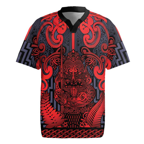 Custom New Zealand Taiaha Maori Rugby Jersey Whero Minimalist Silver Fern Tukutuku Motif