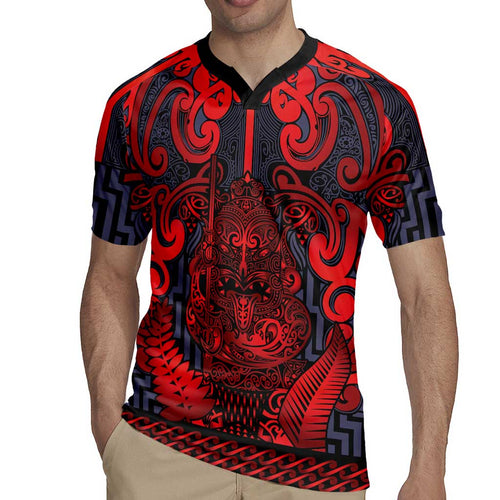 Custom New Zealand Taiaha Maori Rugby Jersey Whero Minimalist Silver Fern Tukutuku Motif