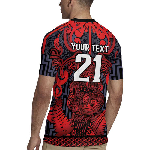 Custom New Zealand Taiaha Maori Rugby Jersey Whero Minimalist Silver Fern Tukutuku Motif