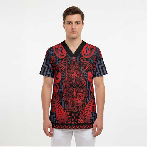 Custom New Zealand Taiaha Maori Scrub Top Whero Minimalist Silver Fern Tukutuku Motif