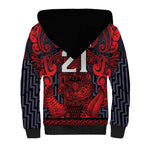 Custom New Zealand Taiaha Maori Sherpa Hoodie Whero Minimalist Silver Fern Tukutuku Motif