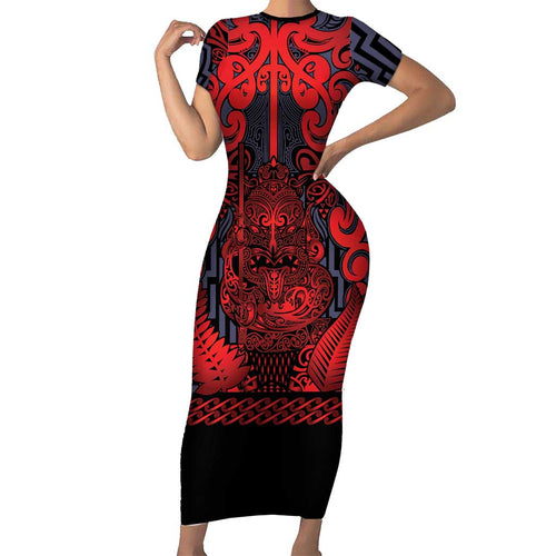 Custom New Zealand Taiaha Maori Short Sleeve Bodycon Dress Whero Minimalist Silver Fern Tukutuku Motif