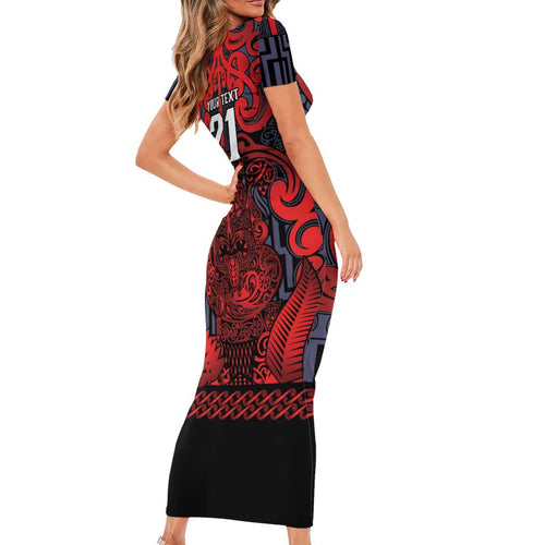 Custom New Zealand Taiaha Maori Short Sleeve Bodycon Dress Whero Minimalist Silver Fern Tukutuku Motif