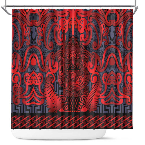 New Zealand Taiaha Maori Shower Curtain Whero Minimalist Silver Fern Tukutuku Motif