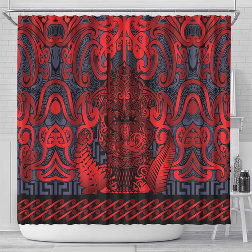 New Zealand Taiaha Maori Shower Curtain Whero Minimalist Silver Fern Tukutuku Motif