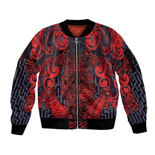 Custom New Zealand Taiaha Maori Sleeve Zip Bomber Jacket Whero Minimalist Silver Fern Tukutuku Motif