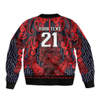 Custom New Zealand Taiaha Maori Sleeve Zip Bomber Jacket Whero Minimalist Silver Fern Tukutuku Motif