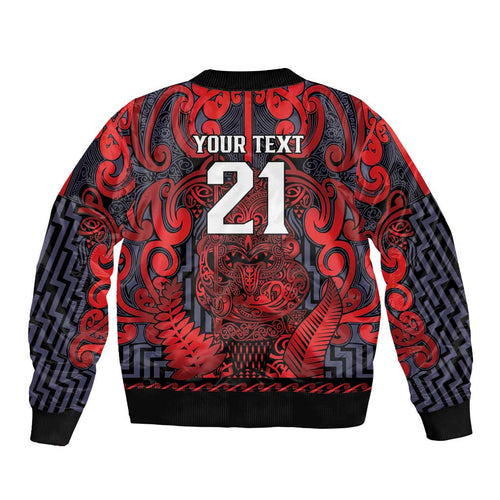 Custom New Zealand Taiaha Maori Sleeve Zip Bomber Jacket Whero Minimalist Silver Fern Tukutuku Motif