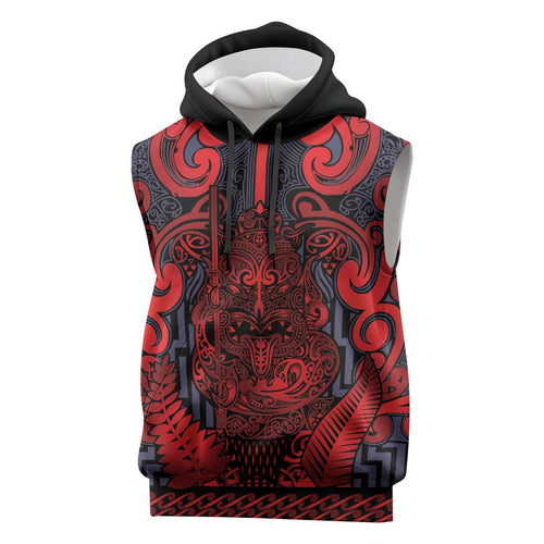 Custom New Zealand Taiaha Maori Sleeveless Hoodie Whero Minimalist Silver Fern Tukutuku Motif