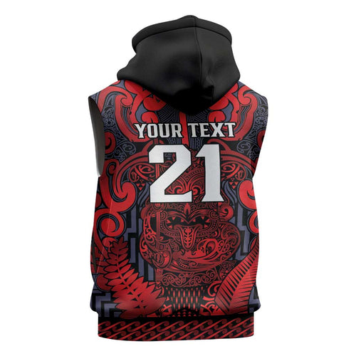 Custom New Zealand Taiaha Maori Sleeveless Hoodie Whero Minimalist Silver Fern Tukutuku Motif