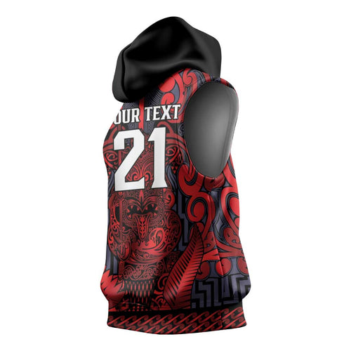 Custom New Zealand Taiaha Maori Sleeveless Hoodie Whero Minimalist Silver Fern Tukutuku Motif