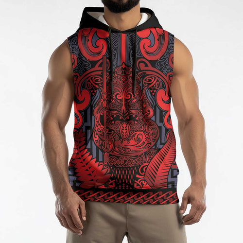 Custom New Zealand Taiaha Maori Sleeveless Hoodie Whero Minimalist Silver Fern Tukutuku Motif