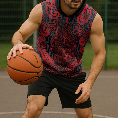 Custom New Zealand Taiaha Maori Sleeveless Hoodie Whero Minimalist Silver Fern Tukutuku Motif