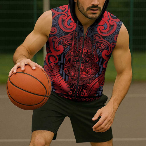 Custom New Zealand Taiaha Maori Sleeveless Zip Hoodie Whero Minimalist Silver Fern Tukutuku Motif