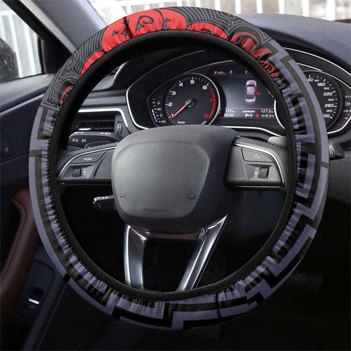 New Zealand Taiaha Maori Steering Wheel Cover Whero Minimalist Silver Fern Tukutuku Motif