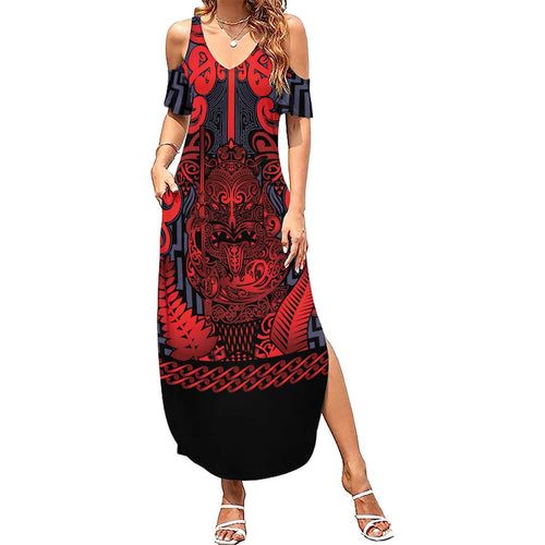 Custom New Zealand Taiaha Maori Summer Maxi Dress Whero Minimalist Silver Fern Tukutuku Motif