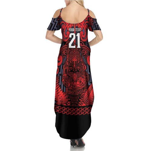 Custom New Zealand Taiaha Maori Summer Maxi Dress Whero Minimalist Silver Fern Tukutuku Motif