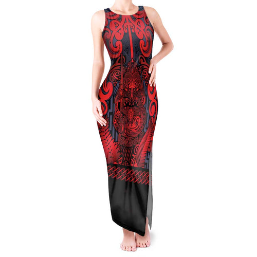 Custom New Zealand Taiaha Maori Tank Maxi Dress Whero Minimalist Silver Fern Tukutuku Motif