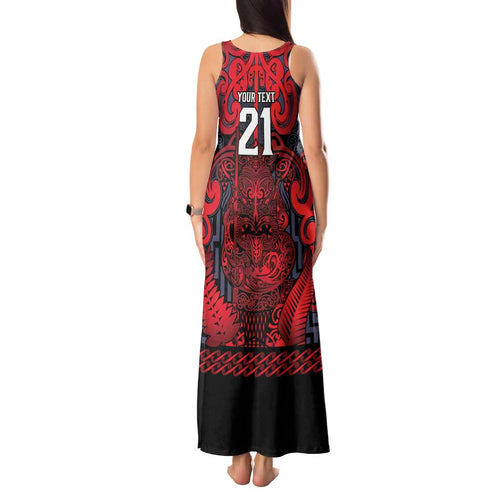 Custom New Zealand Taiaha Maori Tank Maxi Dress Whero Minimalist Silver Fern Tukutuku Motif