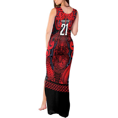 Custom New Zealand Taiaha Maori Tank Maxi Dress Whero Minimalist Silver Fern Tukutuku Motif