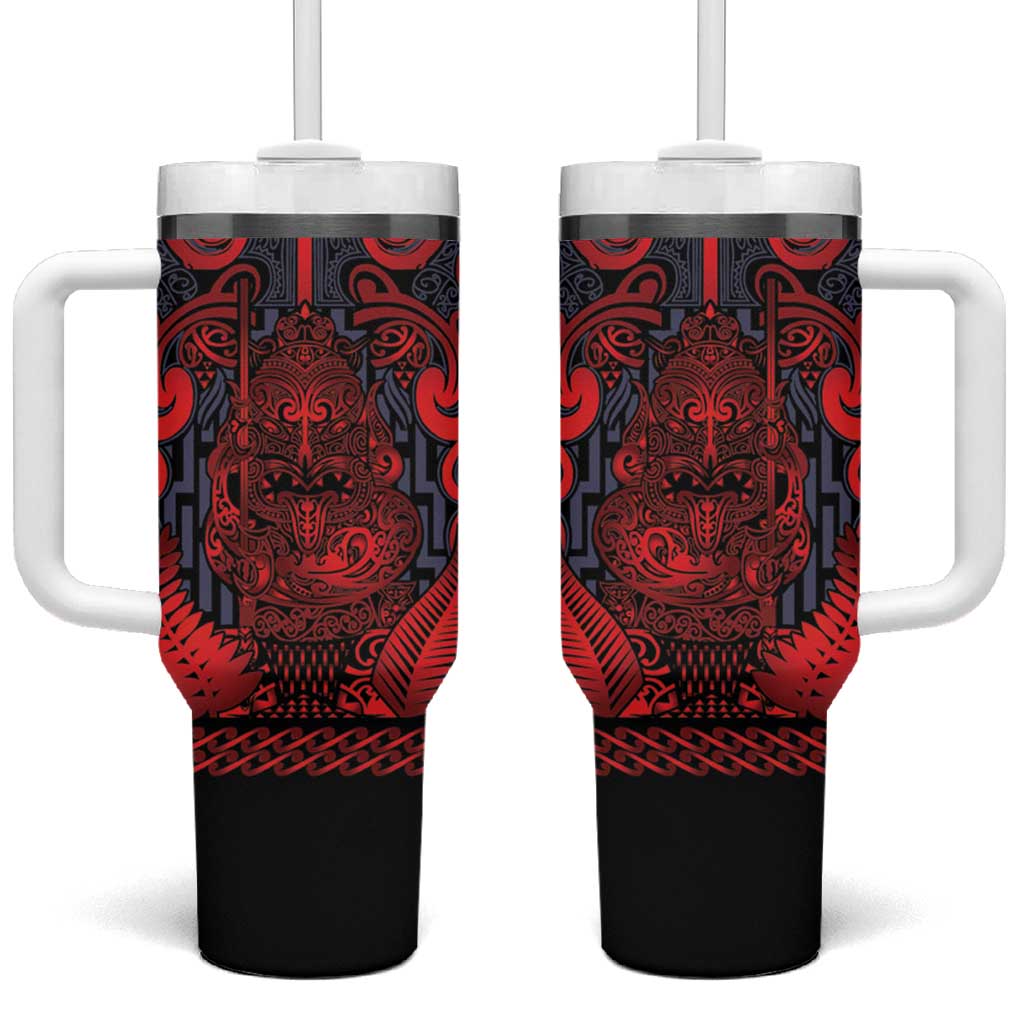 Custom New Zealand Taiaha Maori Tumbler With Handle Whero Minimalist Silver Fern Tukutuku Motif