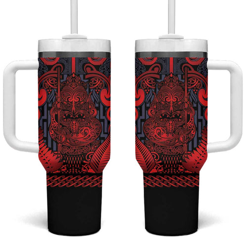Custom New Zealand Taiaha Maori Tumbler With Handle Whero Minimalist Silver Fern Tukutuku Motif