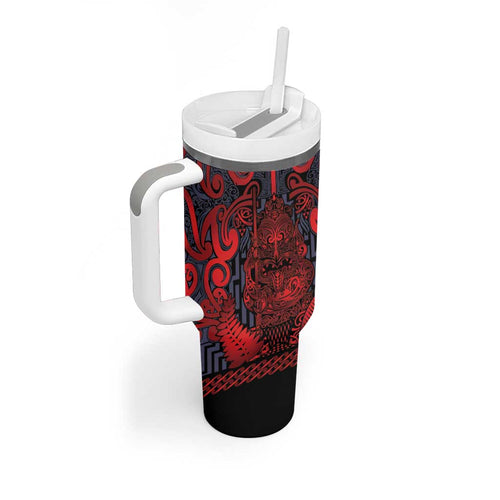Custom New Zealand Taiaha Maori Tumbler With Handle Whero Minimalist Silver Fern Tukutuku Motif