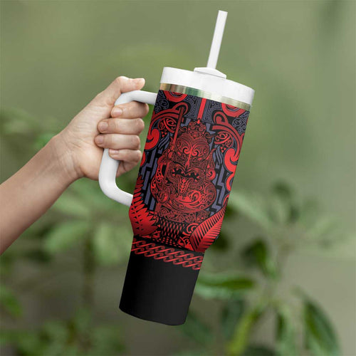 Custom New Zealand Taiaha Maori Tumbler With Handle Whero Minimalist Silver Fern Tukutuku Motif