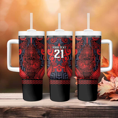 Custom New Zealand Taiaha Maori Tumbler With Handle Whero Minimalist Silver Fern Tukutuku Motif