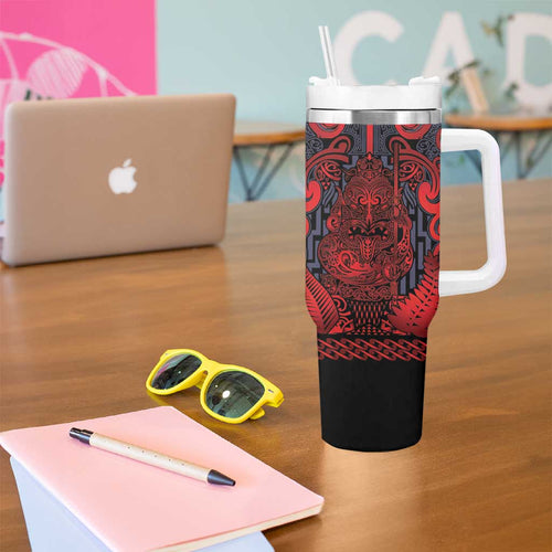 Custom New Zealand Taiaha Maori Tumbler With Handle Whero Minimalist Silver Fern Tukutuku Motif