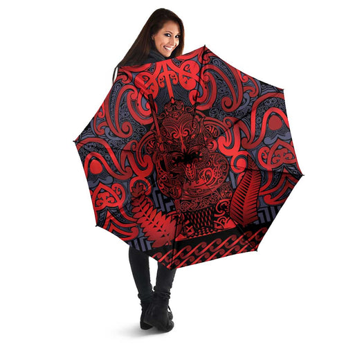 New Zealand Taiaha Maori Umbrella Whero Minimalist Silver Fern Tukutuku Motif