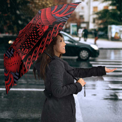 New Zealand Taiaha Maori Umbrella Whero Minimalist Silver Fern Tukutuku Motif