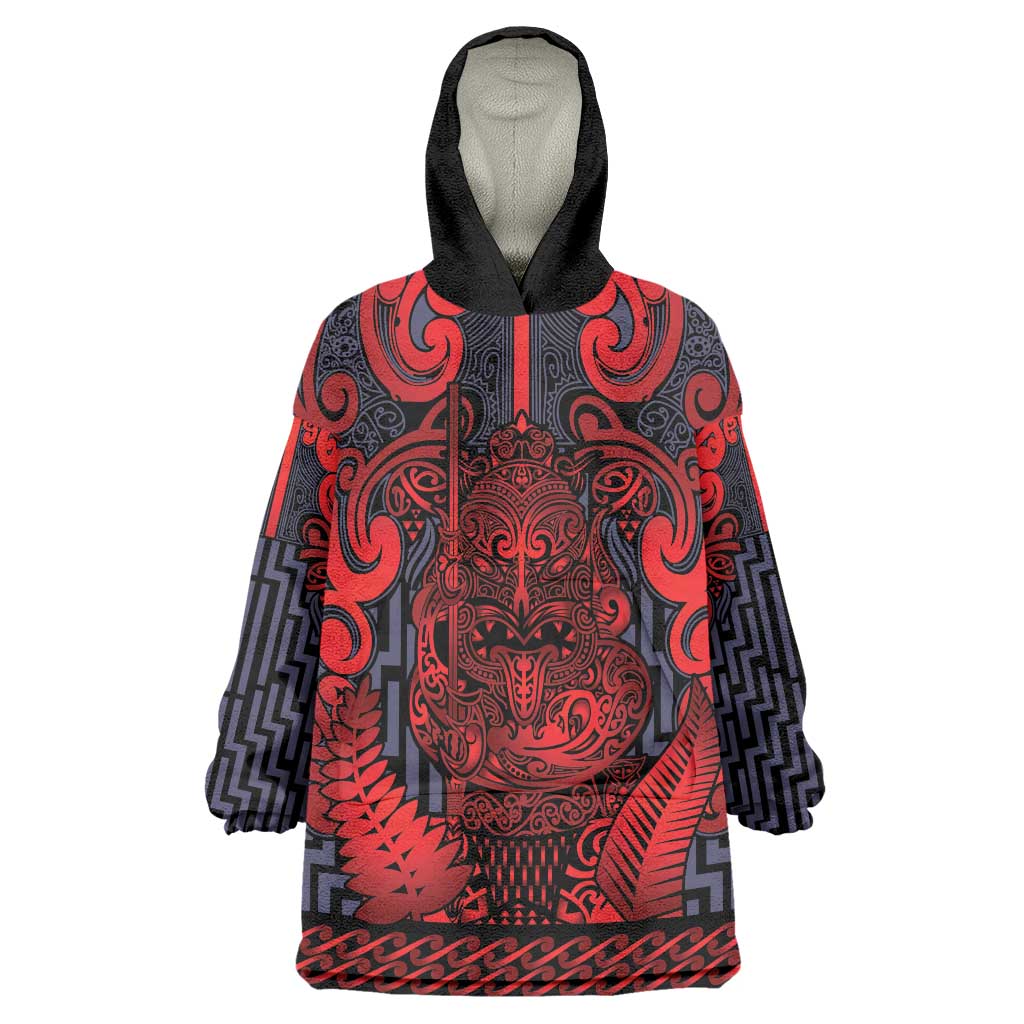 Custom New Zealand Taiaha Maori Wearable Blanket Hoodie Whero Minimalist Silver Fern Tukutuku Motif