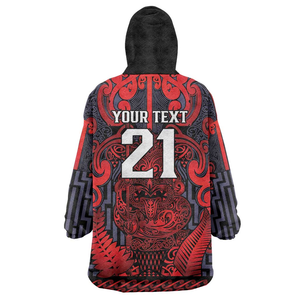Custom New Zealand Taiaha Maori Wearable Blanket Hoodie Whero Minimalist Silver Fern Tukutuku Motif