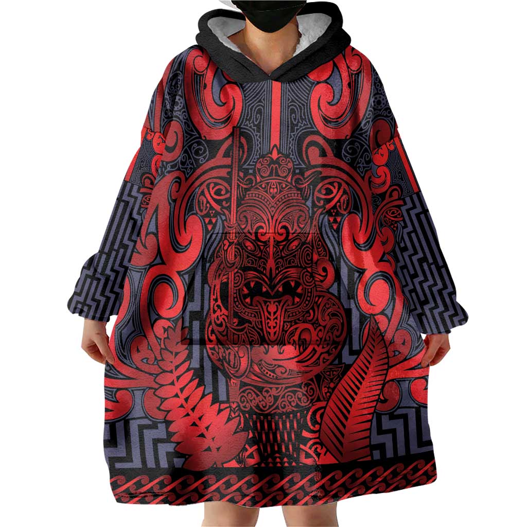 Custom New Zealand Taiaha Maori Wearable Blanket Hoodie Whero Minimalist Silver Fern Tukutuku Motif