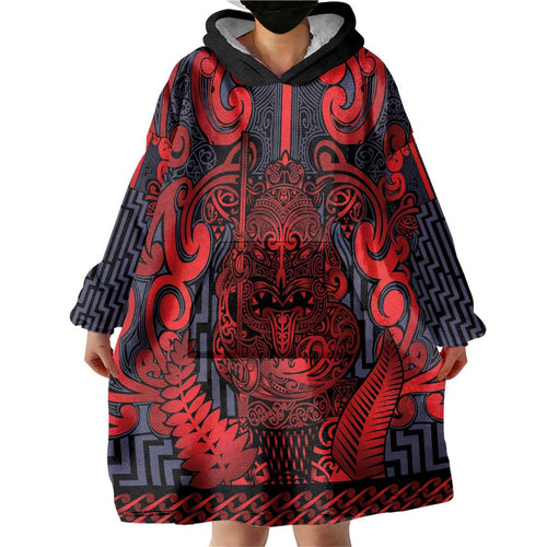 Custom New Zealand Taiaha Maori Wearable Blanket Hoodie Whero Minimalist Silver Fern Tukutuku Motif