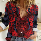 Custom New Zealand Taiaha Maori Women Casual Shirt Whero Minimalist Silver Fern Tukutuku Motif
