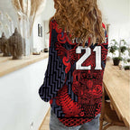 Custom New Zealand Taiaha Maori Women Casual Shirt Whero Minimalist Silver Fern Tukutuku Motif
