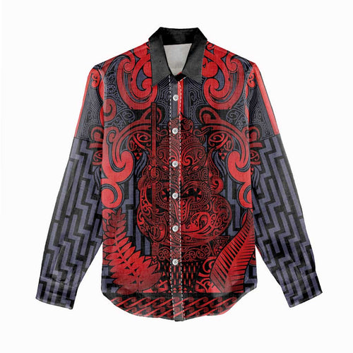 Custom New Zealand Taiaha Maori Women Casual Shirt Whero Minimalist Silver Fern Tukutuku Motif