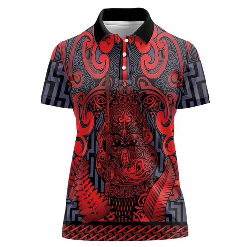 Custom New Zealand Taiaha Maori Women Polo Shirt Whero Minimalist Silver Fern Tukutuku Motif