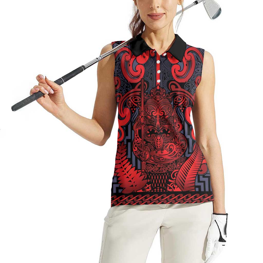 Custom New Zealand Taiaha Maori Women Sleeveless Polo Shirt Whero Minimalist Silver Fern Tukutuku Motif