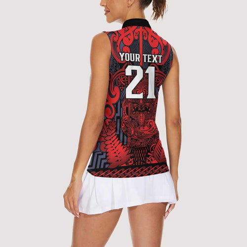 Custom New Zealand Taiaha Maori Women Sleeveless Polo Shirt Whero Minimalist Silver Fern Tukutuku Motif