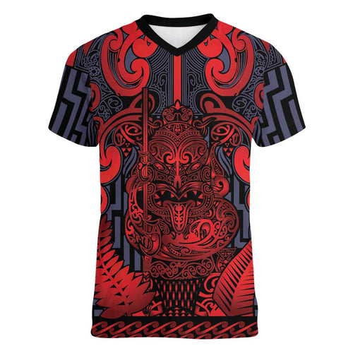 Custom New Zealand Taiaha Maori Women V-Neck T-Shirt Whero Minimalist Silver Fern Tukutuku Motif