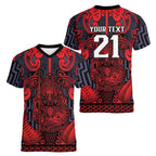 Custom New Zealand Taiaha Maori Women V-Neck T-Shirt Whero Minimalist Silver Fern Tukutuku Motif