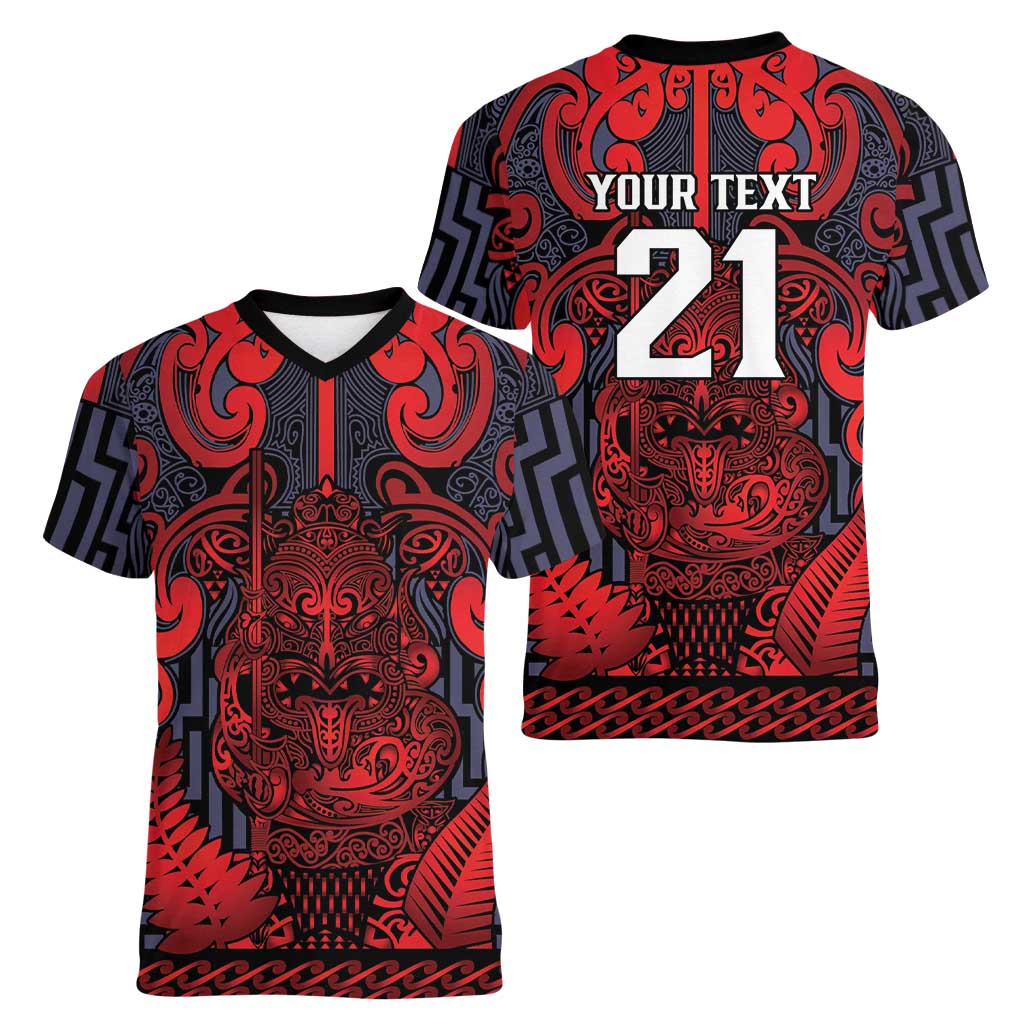 Custom New Zealand Taiaha Maori Women V-Neck T-Shirt Whero Minimalist Silver Fern Tukutuku Motif