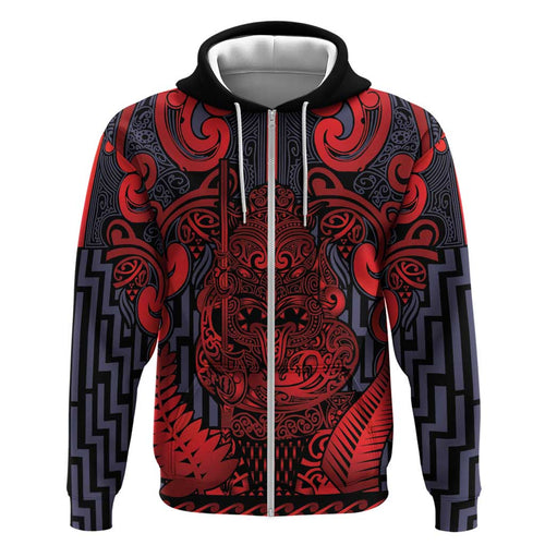 Custom New Zealand Taiaha Maori Zip Hoodie Whero Minimalist Silver Fern Tukutuku Motif