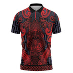 Custom New Zealand Taiaha Maori Zipper Polo Shirt Whero Minimalist Silver Fern Tukutuku Motif