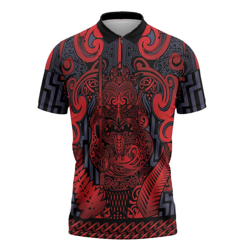 Custom New Zealand Taiaha Maori Zipper Polo Shirt Whero Minimalist Silver Fern Tukutuku Motif